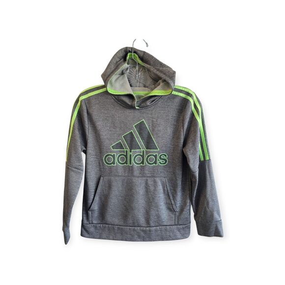 Adidas Sweater Boys M (10/12) Gray Lime 3 Stripes Logo Hoodie Sweatshirt - Picture 1 of 6